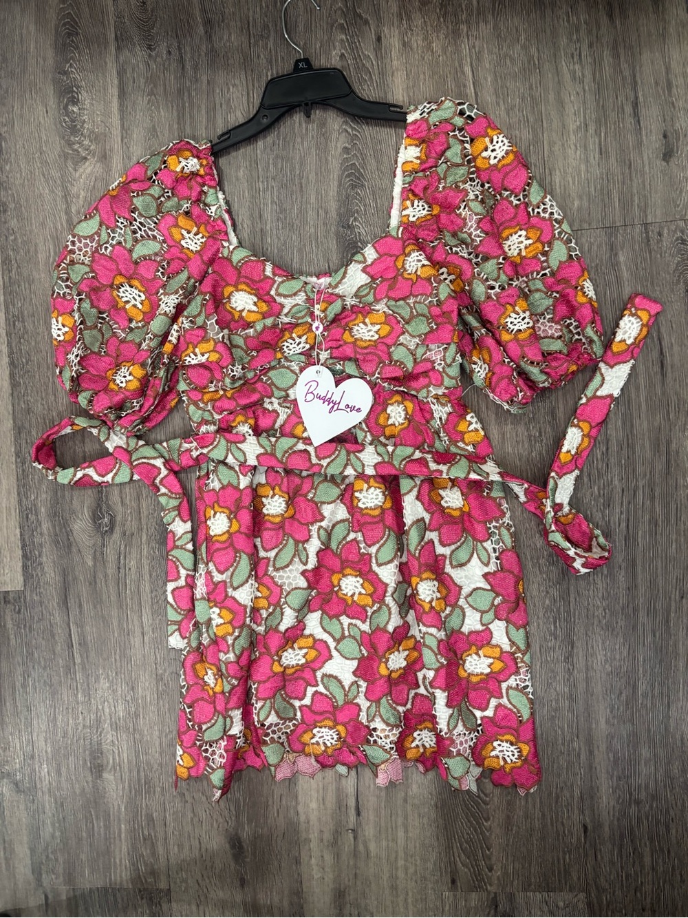 Buddy Love Pink Floral Puff-Sleeve Dress with Waist Tie